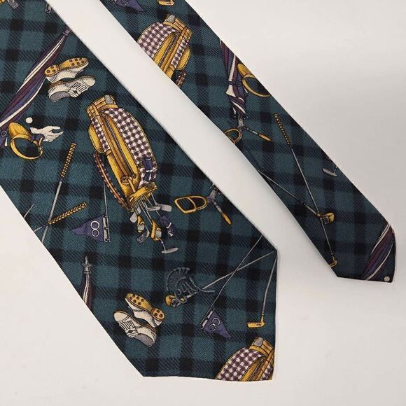 COUNTESS MARA SILK TIE GREEN BLACK GOLD PLAID GOLF THEME 3.75" X 56" - Picture 1 of 2